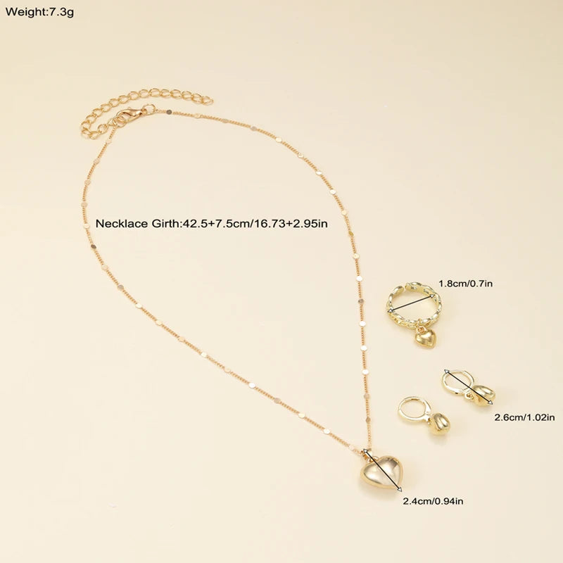 4Pcs/Set Vintage Love Heart Pendant Necklace Ring Hoop Earring for Women Simple Gold Color Smooth Jewelry Set Elegant Party G