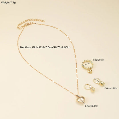 4Pcs/Set Vintage Love Heart Pendant Necklace Ring Hoop Earring for Women Simple Gold Color Smooth Jewelry Set Elegant Party G