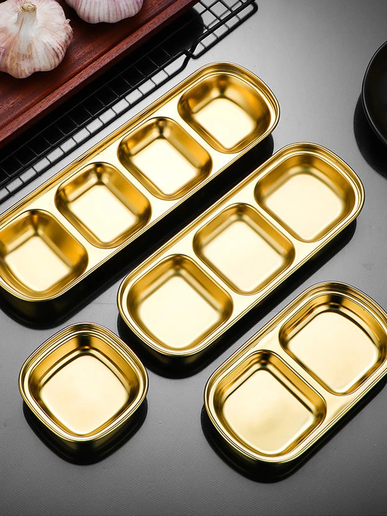 1/4 Pcs Stainless Steel Divided Seasoning Sauce Dip Bowl, 1/2/3/4 Compartment Korean Ketchup Sauce Bowl, Vinegar Soy Spice Co