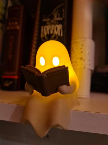 Halloween Party Decoration Favors Cute Little Ghost Sitting on A Shelf Reading A Book with Flickering Ornament Gift Spooky Id
