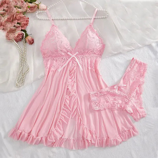 Summer Sexy Lingerie Dress Women Lace See Through Nightdress Sleepwear Solid Slim Soft V Neck Full Slip Sleepwear & Dresses -