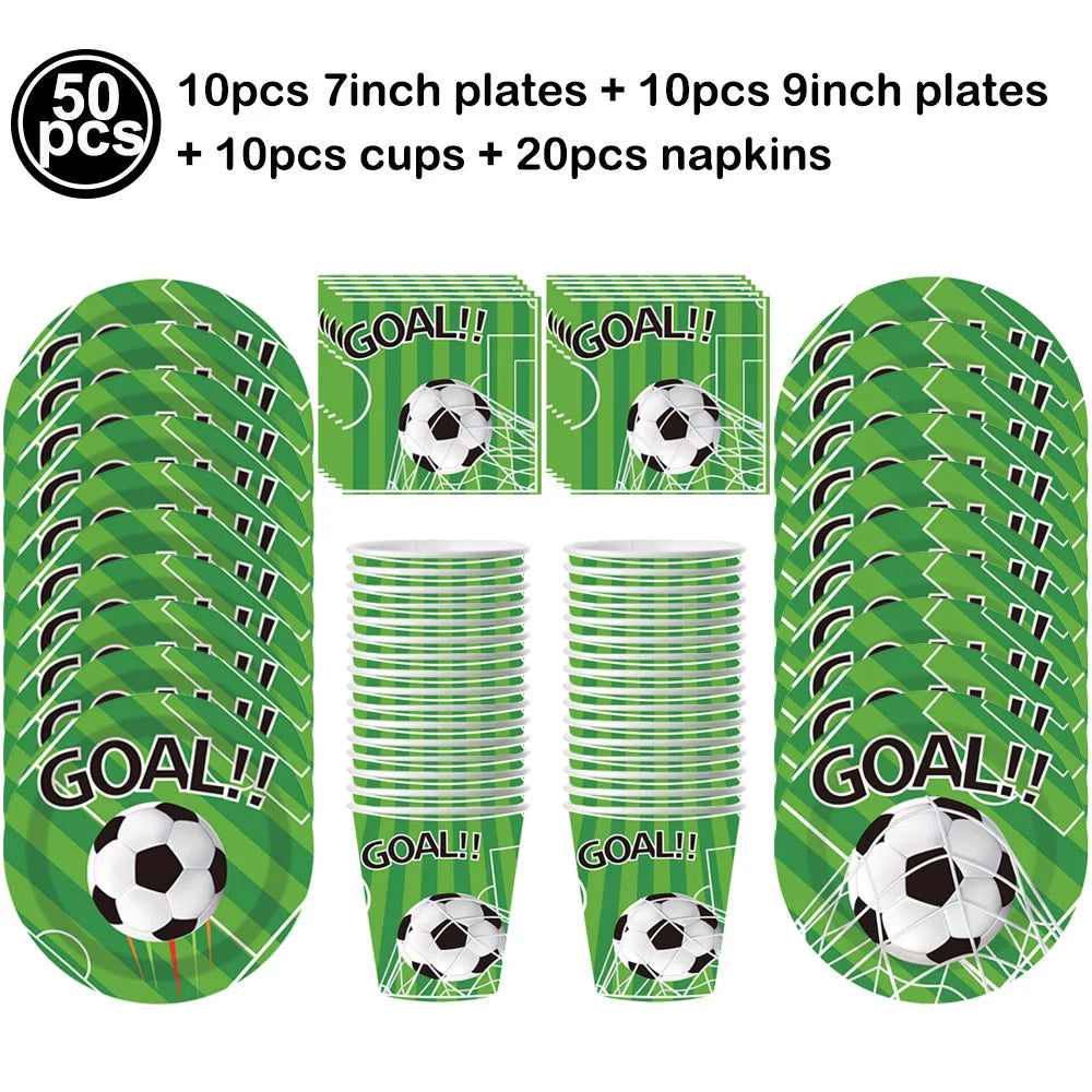Soccer Theme Disposable Tableware Set Paper Plates Cups Napkins Tablecloth For Birthday Parties - black