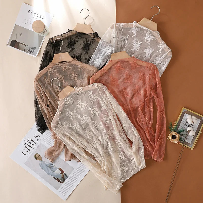 Sexy Women Mesh T-Shirts Transparent Lace Blouse Long Sleeve See Through Tops For Women Bottoming Shirt Sheer Tees Body Crop 