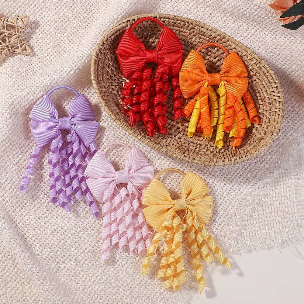 Baby Girls Back To School Ribbon Curly Hair Bow with Ties Rope Elastic Hairbands Kids Ponytail Holder Bowknot Hair Accessorie