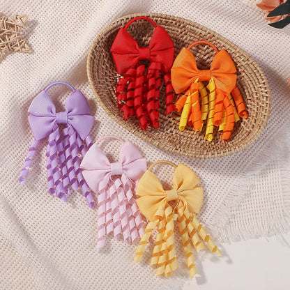 Baby Girls Back To School Ribbon Curly Hair Bow with Ties Rope Elastic Hairbands Kids Ponytail Holder Bowknot Hair Accessorie