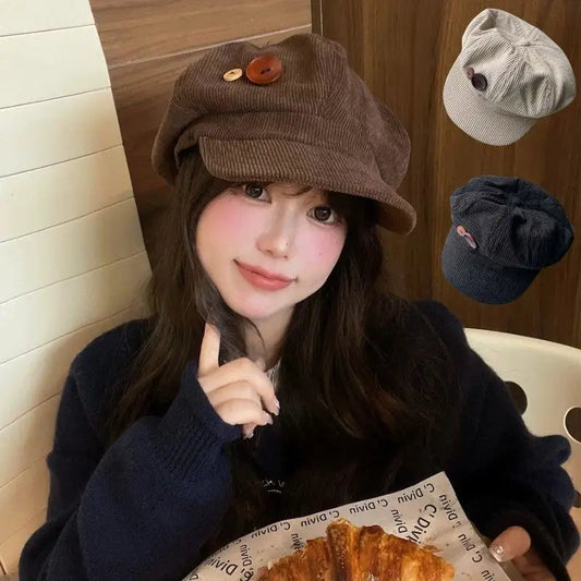 Vintage Corduroy Beret Hat For Women Korean Button Octagonal Cap Autumn Winter Painter Artist Hats Japanese Brown Peaked Caps