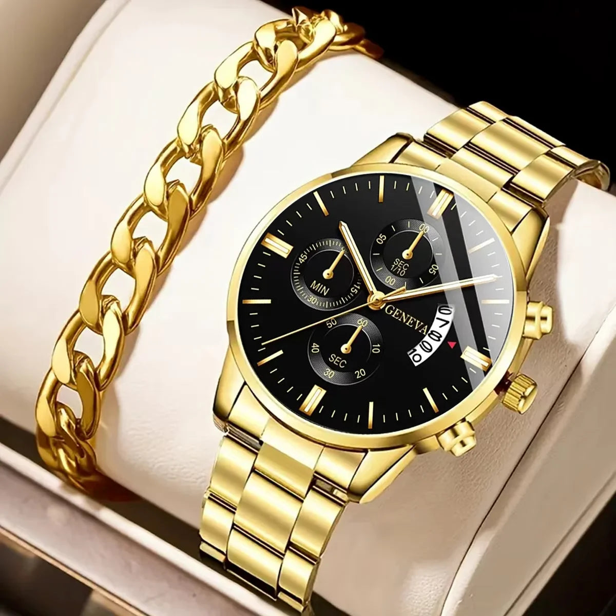 Fashion Men Stainless Steel Watch Luxury Calendar Quartz Wrist Watch Mens Business Watches for Man Clock Montre Homme - Gold 