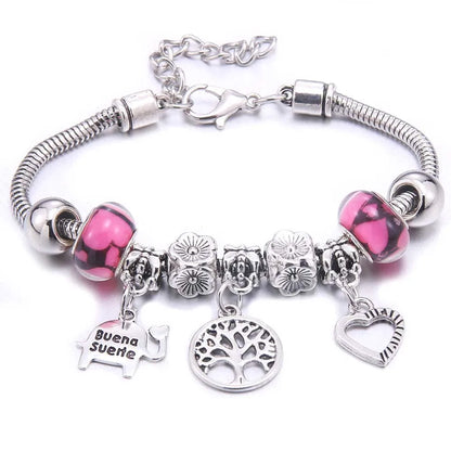 Pink Charm Bangle Lobster Buckle Snake Chain Beaded Bangles For Women Summer Romantic Gift Fashion Butterfly Bracelet Jewelry