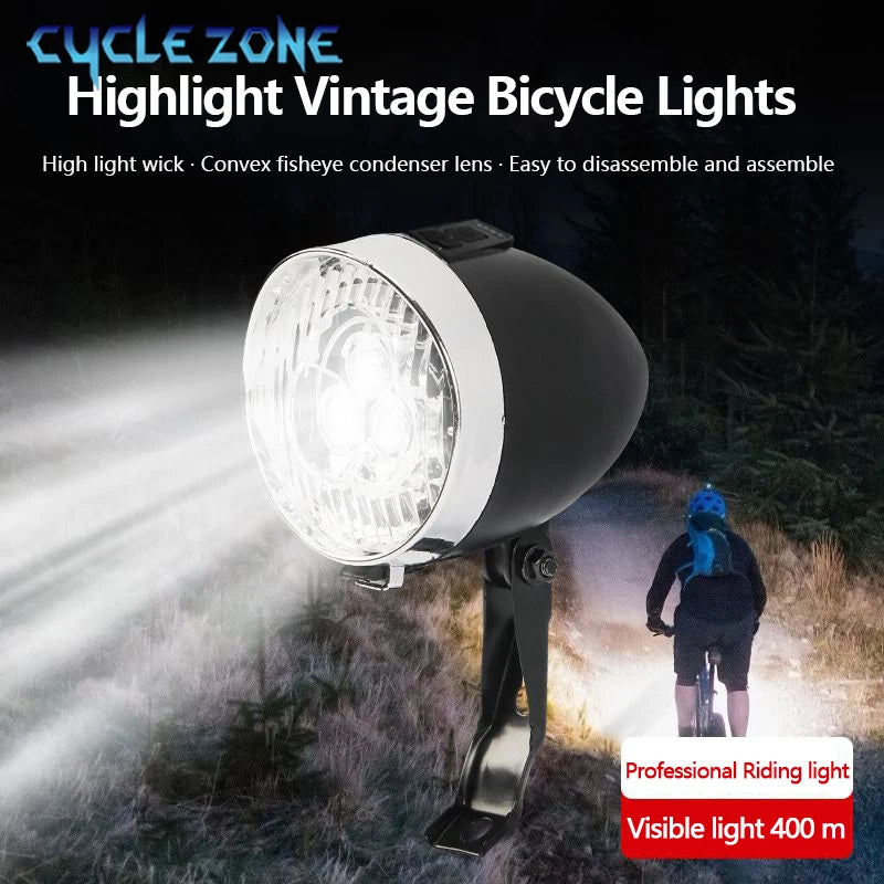 Vintage Bicycle Front Light 3 LED Bike Headlight MTB Flashlight Retro Design Cycling Head Lamp for Night Riding Black Silver
