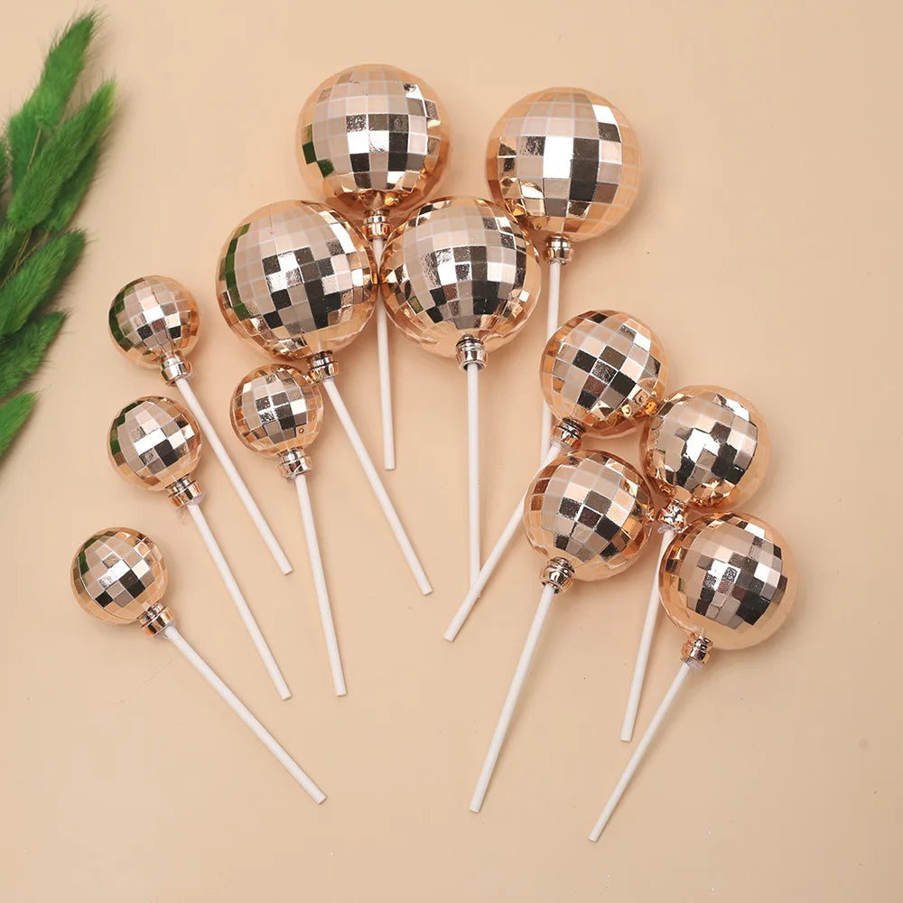 12pcs Silver Disco Ball Cake Topper 1970s Disco Theme Birthday Party Cake Decoration Cowboy Cowgirl Birthday Supplies