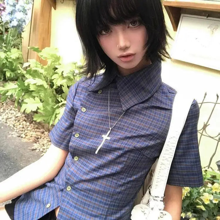 Genayooa Vintage Plaid Casual Shirt Women Short Sleeve Y2k Tops Japanese 2000s Summer Shirt Irregular American Retro 90s Tshi
