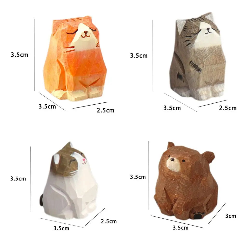 Creative Cartoon Animal Wood Bear Figurine Wooden Carved Desktop Knick-knack Sculpture Kids Toy Carving Cat Statue