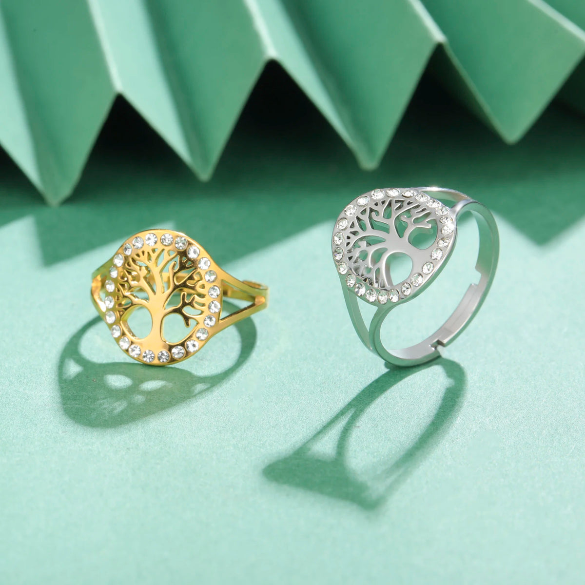 Skyrim Tree of Life Clear Zircon Round Ring Stainless Steel Gold Color Adjustable Women Finger Rings Amulet Jewelry