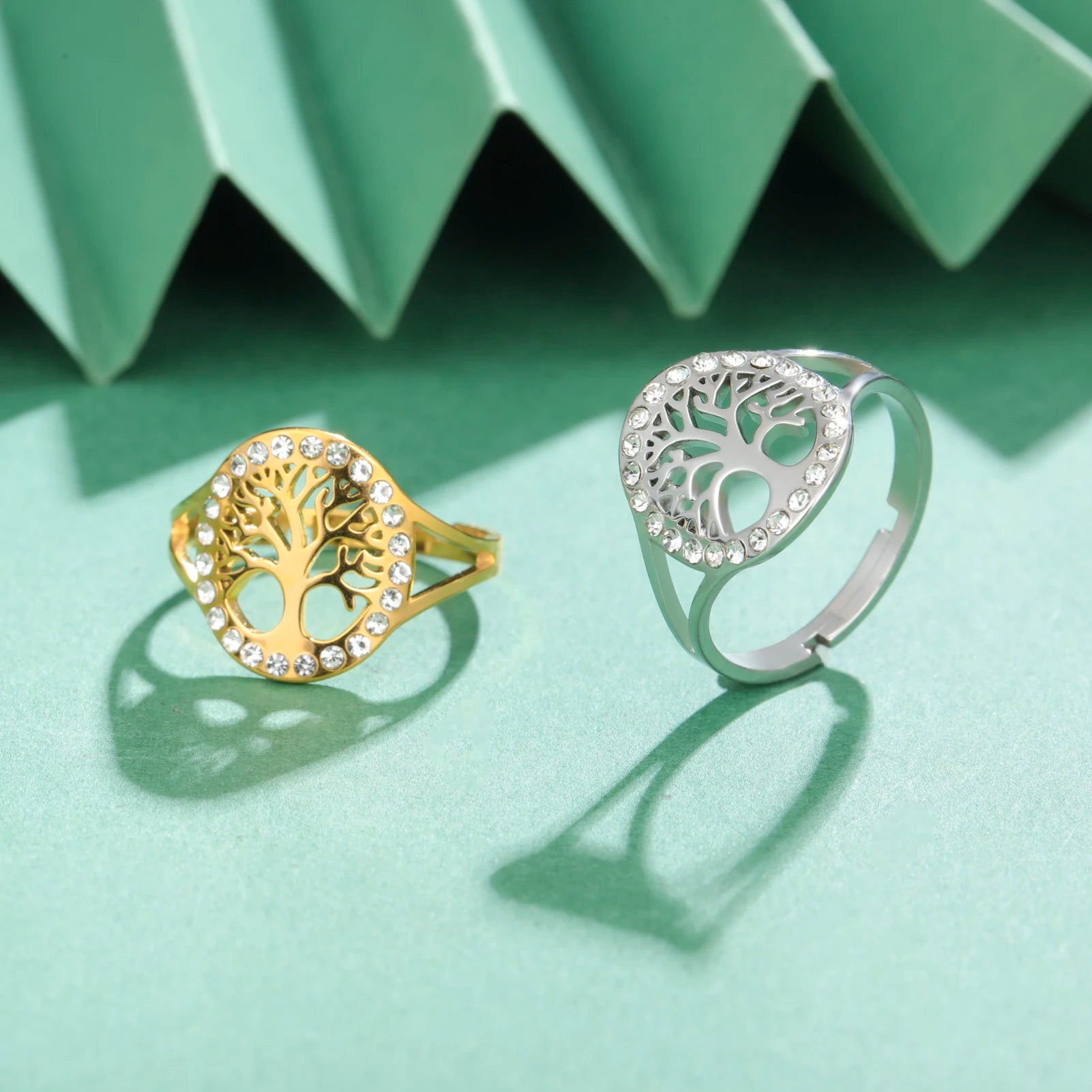 Skyrim Tree of Life Clear Zircon Round Ring Stainless Steel Gold Color Adjustable Women Finger Rings Amulet Jewelry
