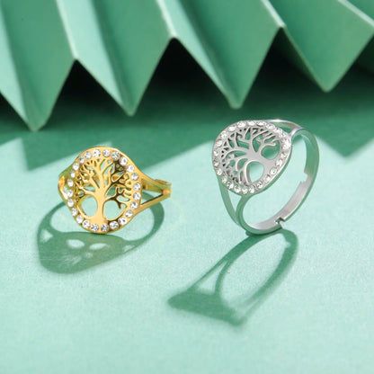 Skyrim Tree of Life Clear Zircon Round Ring Stainless Steel Gold Color Adjustable Women Finger Rings Amulet Jewelry
