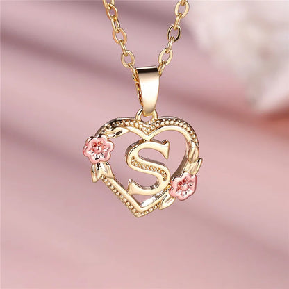 Female A-Z Letter Flower Pendant Necklace Yellow Gold Color Wedding Jewelry Gift For Women - S