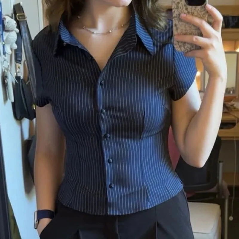 Women Short Sleeve Button Down Shirts Vintage Stripe Print Slim Fitted Cropped Collared Blouse Elegant Lady Business Shirts