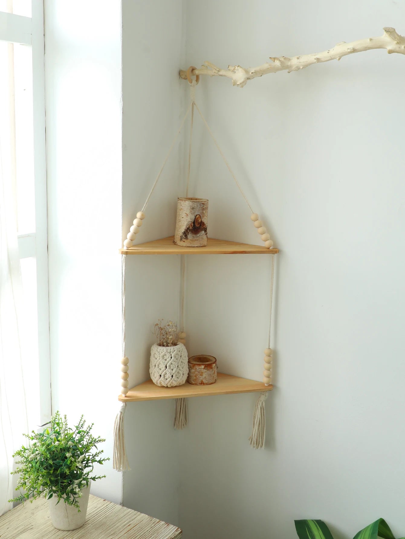 Wooden Corner Shelf Wall Decor Pot Storage Display Stand Macrame Floating Shelf Wall Organizer Boho Room Nordic Home Decorati