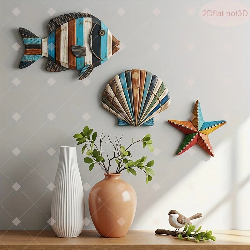 1 Set of Colorful Wooden Ocean Art Wooden Sea Fish Shells Starfish Farmhouse Style Decor Living Room Bedroom Wall Art Decorat