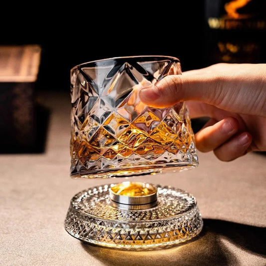 Rotating Whisky Glasses with Glass Base 360 Rotate Degrees Crystal Rum Glass for Cocktail Party Drinking