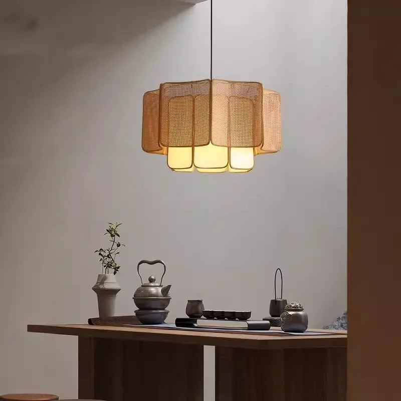 Japanese Rattan Chandelier Wabi Sabi Vintage pendant Light Bedroom Kitchen Island Living Dining Room Hotel Bedroom hanging La