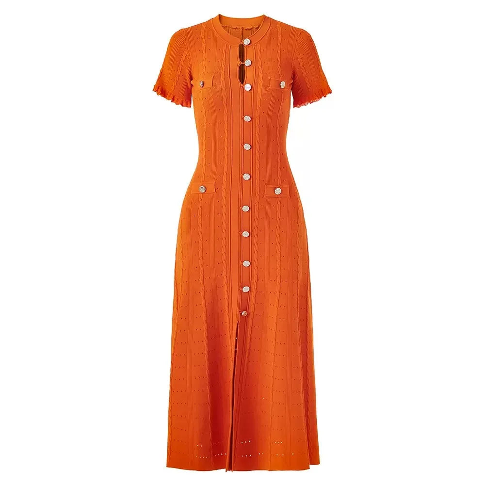 Vintage Cable Knit Midi Dress Button Front Ruffled Short Sleeve Pocket Design Elegant Party Casual Knitted Dress - Orange