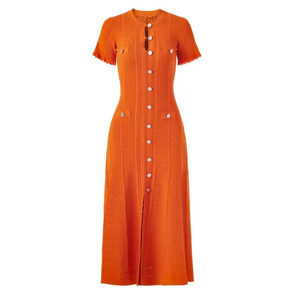Vintage Cable Knit Midi Dress Button Front Ruffled Short Sleeve Pocket Design Elegant Party Casual Knitted Dress - Orange