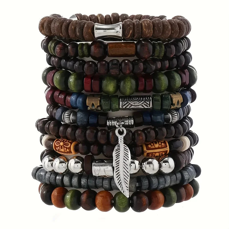 10pcs Vintage Bohemia Men's Bracelets - Fashion Stylish Leaves Wristwear Accessory for Durable Fashion Jewelry Gifts - Hot St