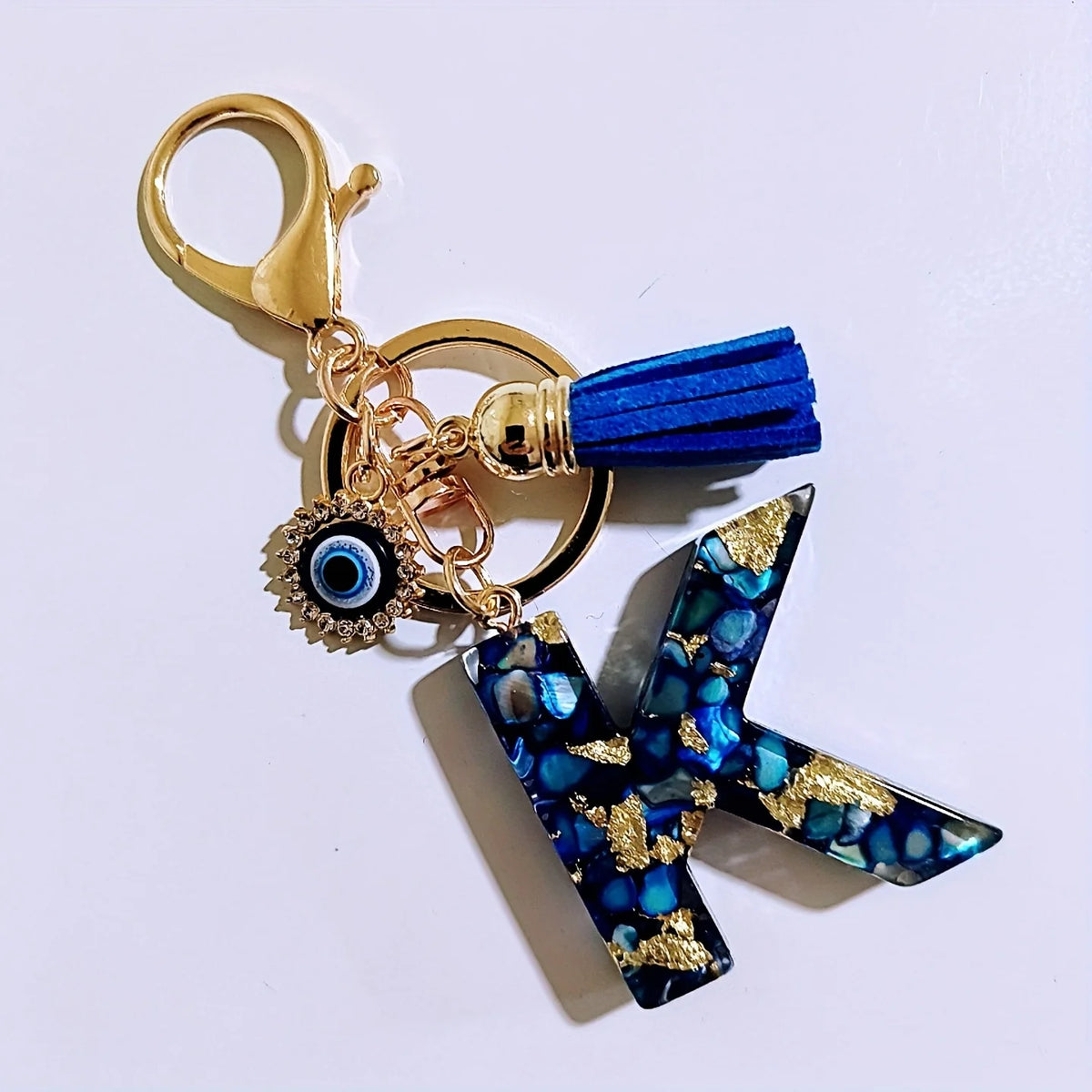Blue Resin Initial Keychain - Evil Eye Letter Charm with Rhinestones & Tassel, Stylish Gift for Women, Lobster Clasp Accessor
