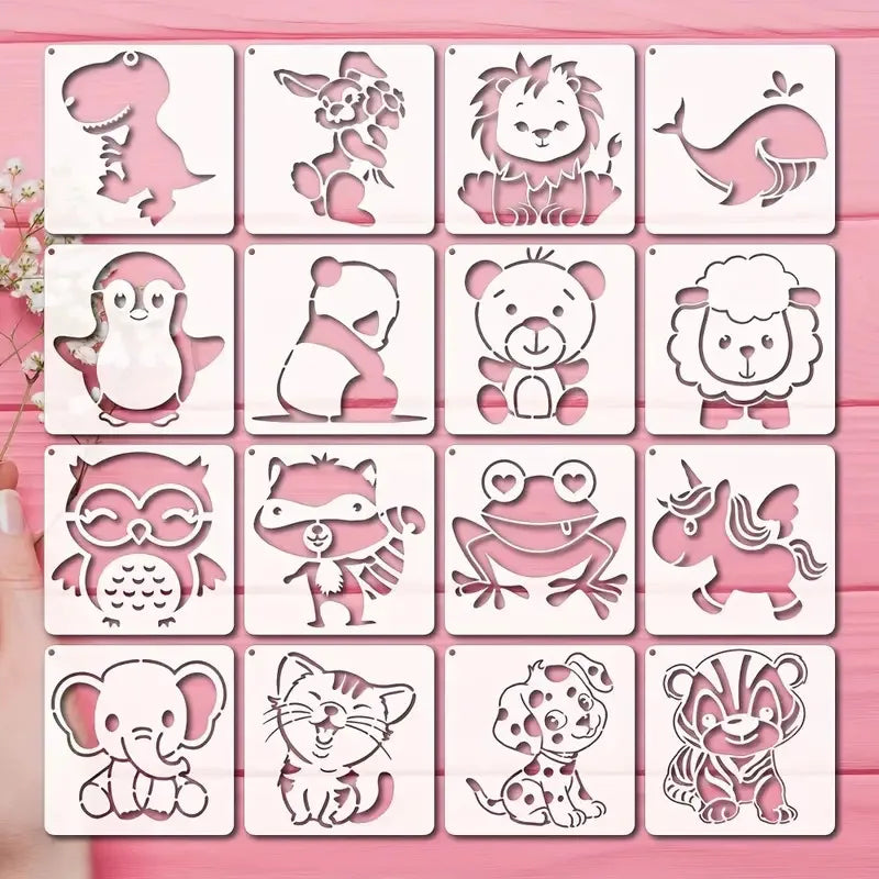 16 Sheets Adorable Cartoon Animal Templates Reusable Stencils for Kids Scrapbooking DIY Craft Painting Projects, Cute Design 