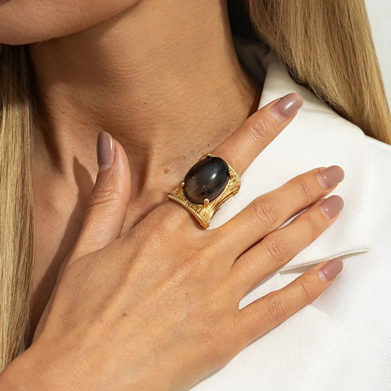 Vintage Chunky Metal Ring for Women Exaggerated Imitation Gemstone Geometric Metal Stripe Wide Surface Rings Jewelry Gifts
