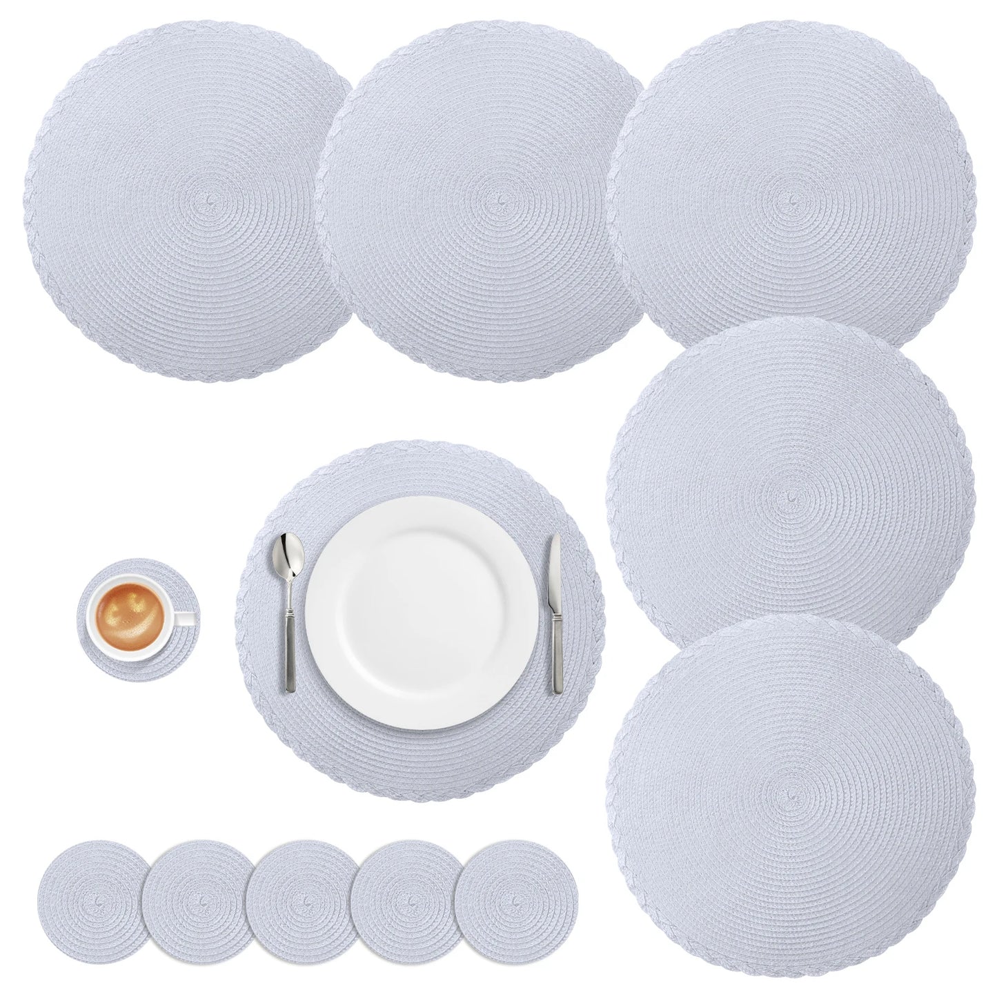 Round Braided Placemats Set of 6 Washable PP/PET Heat Resistant 34cm Table Place Mat for Kitchen Xmas Dining Table Party Deco