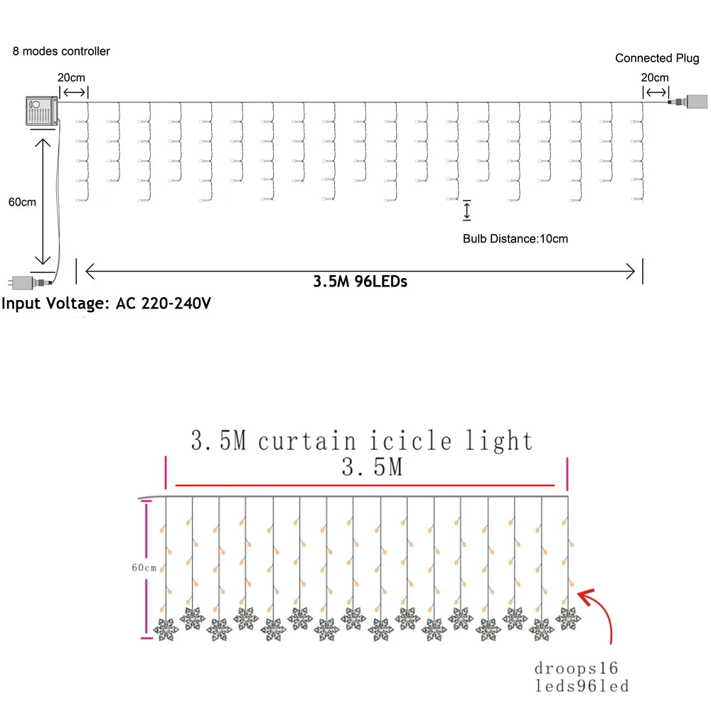 Christmas Decor Snowflake Window Curtain Garlands Led Icicle Fairy Lights Outdoor Garland for Home Party Garden New Year Deco