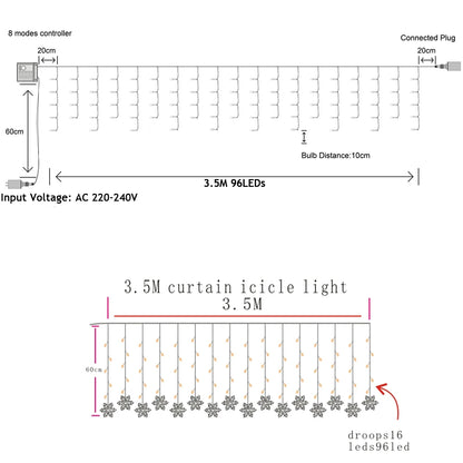 Christmas Decor Snowflake Window Curtain Garlands Led Icicle Fairy Lights Outdoor Garland for Home Party Garden New Year Deco
