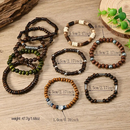 10pcs Bohemia Ethnic Beaded Bracelets For Men Vintage Multi Layer Wooden Beads Life Tree Beaded Bracelets Accessory Gifts Par