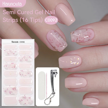 Harunouta 16strips Semi Cured Gel Nail Strips with Nail Clipper Set Self-Adhesive Glitter for Nails Work with UV/LED - Set 02