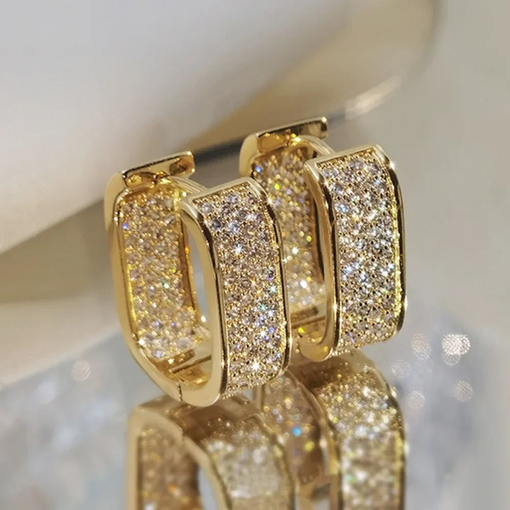 Luxury Full of Zircon Shiny Geometric Square Hoop Earrings for Women Temperament Gold Color Stainless Steel Korea Jewelry Gif