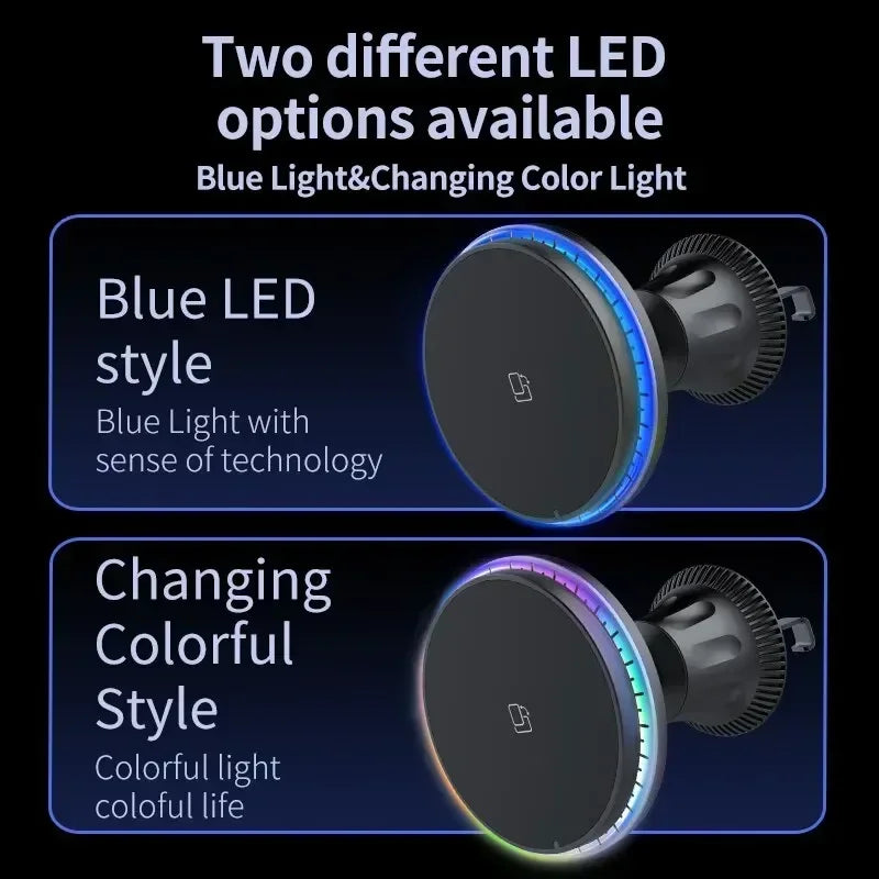 30W Magnetic Car Wireless Chargers RGB LED Light For iPhone 12 13 14 15 Pro Max Phone Holder Stand Mount Fast Charging Statio