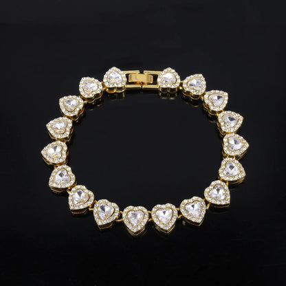 ZAKOL 45CM New Hip Hop Tennis Chain Bracelet Necklace Shiny Heart Rhinestone CZ Fashion Rock Party Jewelry Set - Gold Color 2