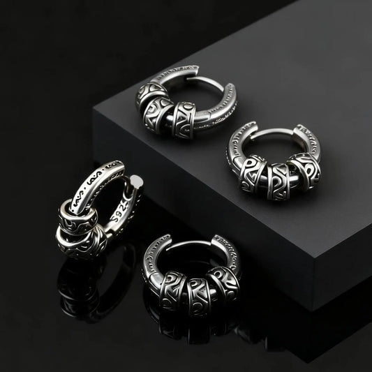 Vintage Totem Vine Pattern Hoop Earrings for Men, Hypoallergenic Metal Huggies Earrings, Rock Punk Piercing Jewelry Gift