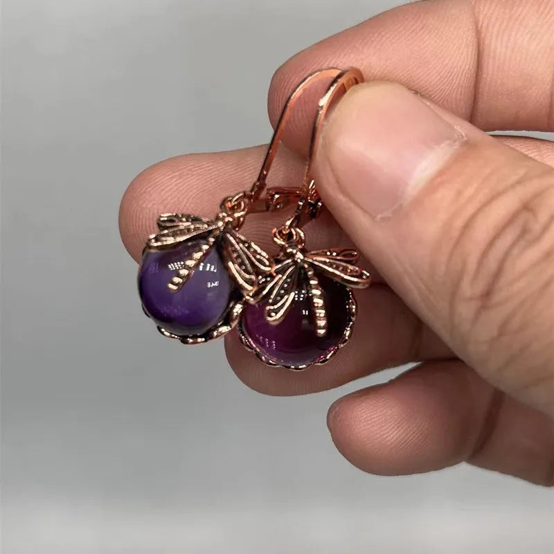 Vintage Bronze Dragonfly Earrings Fashion Gold Color Metal Carving Pattern Inlaid Moonstone Drop Earrings for Women Jewelry