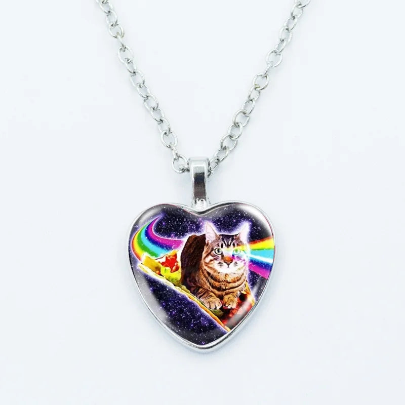 Cute Funny Rainbow Alien Cat Heart Pendant Necklace Animal Shape Art Photo Glass Cabochon Jewelry Children's And Women's - 1