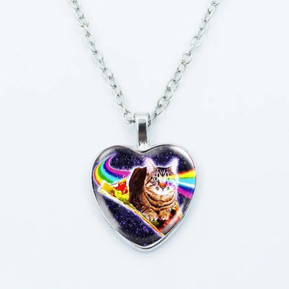Cute Funny Rainbow Alien Cat Heart Pendant Necklace Animal Shape Art Photo Glass Cabochon Jewelry Children's And Women's - 1