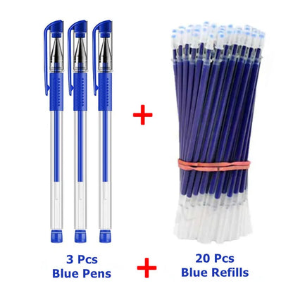 3 Gel Pens + 20 Refills Set 0.5mm Black Blue Red Ink Journal Writing School Supplies Stationery - Blue-3Pens 20Refill