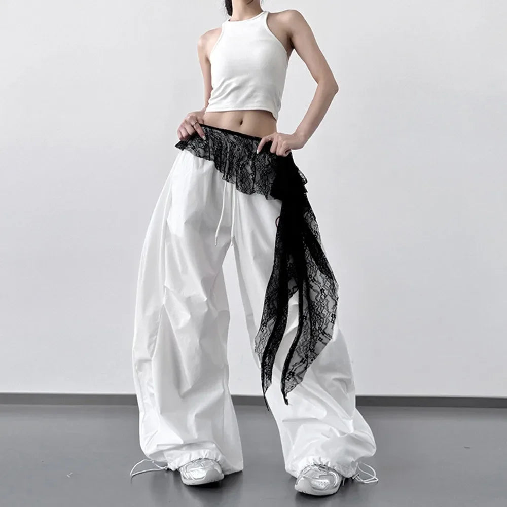 Embroidered Flower Lace Mini Skirt Irregular Y2K Streetwear Ruched Skirts High Waist See Through Lace Up Ruffles Skirt - 5