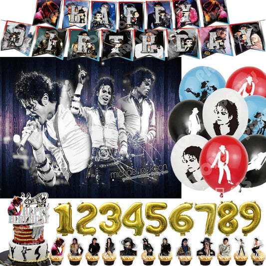 M-Michael&Jackson Fans Party Supplies Retro 80s 90s Music Birthday Party Decor Balloon Banner Cake Toper Adult Kids Party Fav