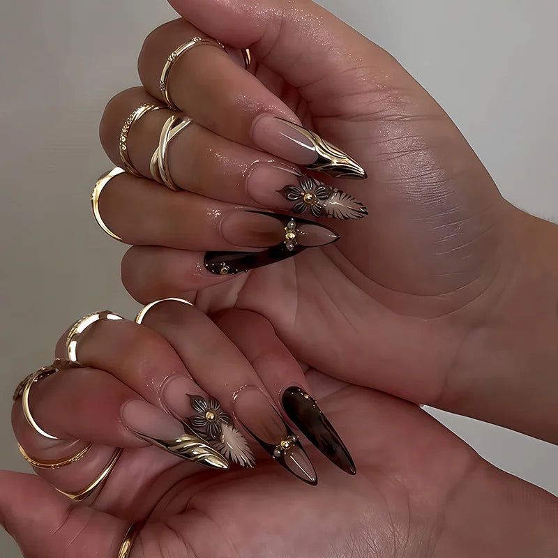 24pcs Long Almond Press on Nails False Nails with Golden Decoration Wearable Stick-on Nails Fake Nail Uñas Накладные Ногти 네일