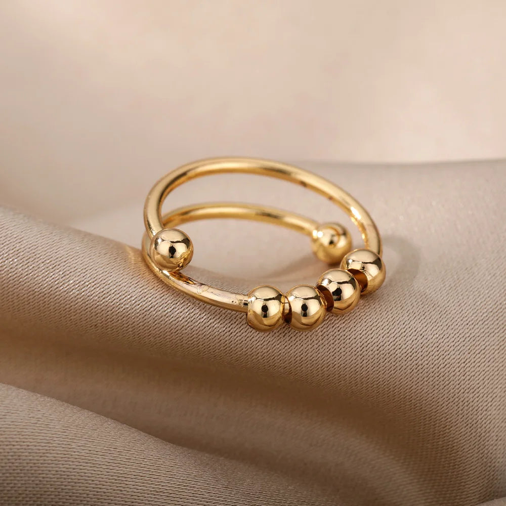 Anxiety Balls Beads Rings for Women Open Spinner Adjustable Finger Ring Stainless Steel Rotating Freely Anti Stress Jewelry G