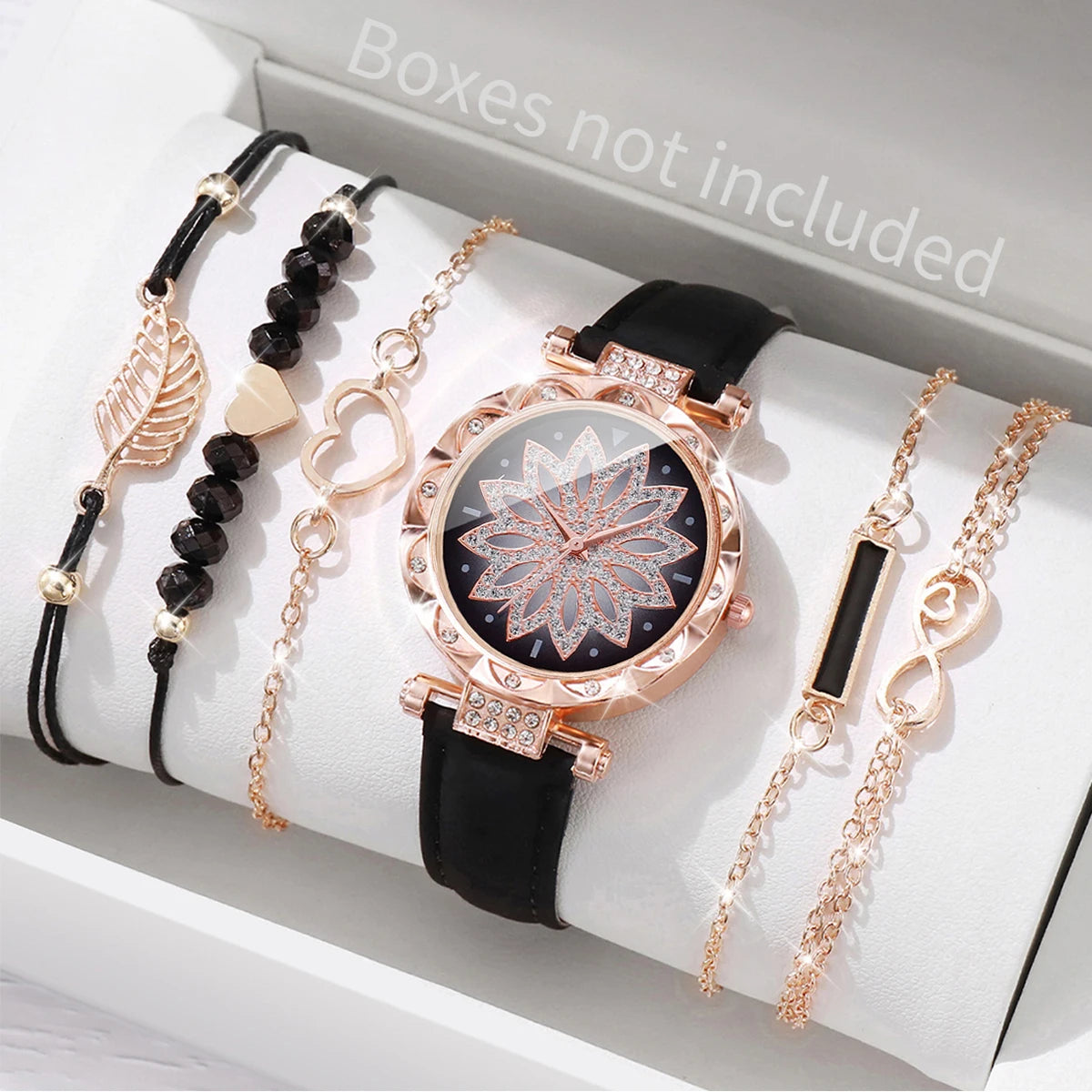 6PCS/Set Fashion Heart Dial Women's Watch Casual Leather Band Analog Quartz Watch Leaf Bracelets Set（Without Box） - B Black N