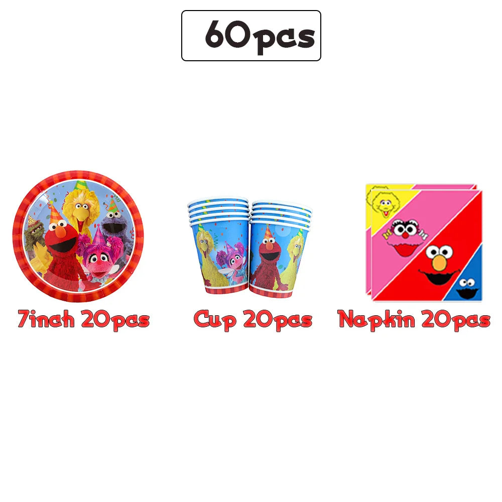 Cartoon Sesames Street Birthday Party Decor Elmo and Friends Theme Tablecloth Plate Balloon Set Cake Decor Baby Shower - 1Set